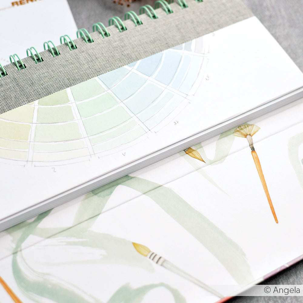 Alexandra Renke offenes Spiral-Skizzenbuch mit Farbkreis und illustrierten Pinseln - ideal für Papierprojekte oder das Experimentieren mit Pastelltönen wie Pastellgrün.