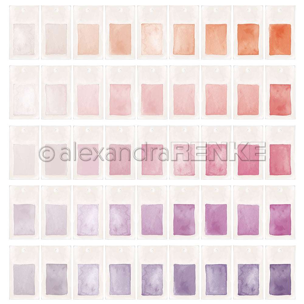 Ein Raster aus Aquarellfarben in Orange, Pink und Violett auf Weiß - perfekt, um Papierprojekte zu inspirieren oder Ihrem nächsten Designpapier-Projekt einen kreativen Touch zu verleihen, von Alexandra Renke.