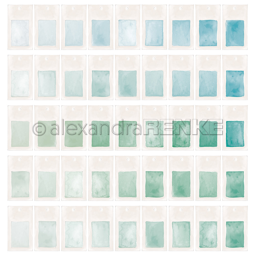 Ein Raster aus Aquarellfarbmuster in Blau- und Grüntönen, jeweils auf einem rechteckigen weißen Etikett mit einem Loch oben – perfekt als Inspiration für Ihr nächstes Designpapier oder Papierprojekt von Alexandra Renke.