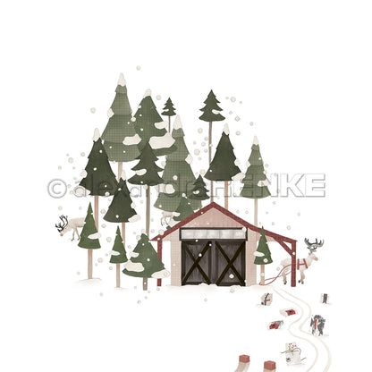 Designpapier 'Rentier vor Stall im Wald'