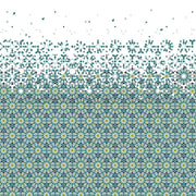 Das filigrane Geometrie-Muster von Alexandra Renke zeigt blaue, gelbe und weiße Formen, die am oberen Rand in verstreute Fragmente übergehen - ideal für einzigartige Papierprojekte oder auffälliges Designpapier.