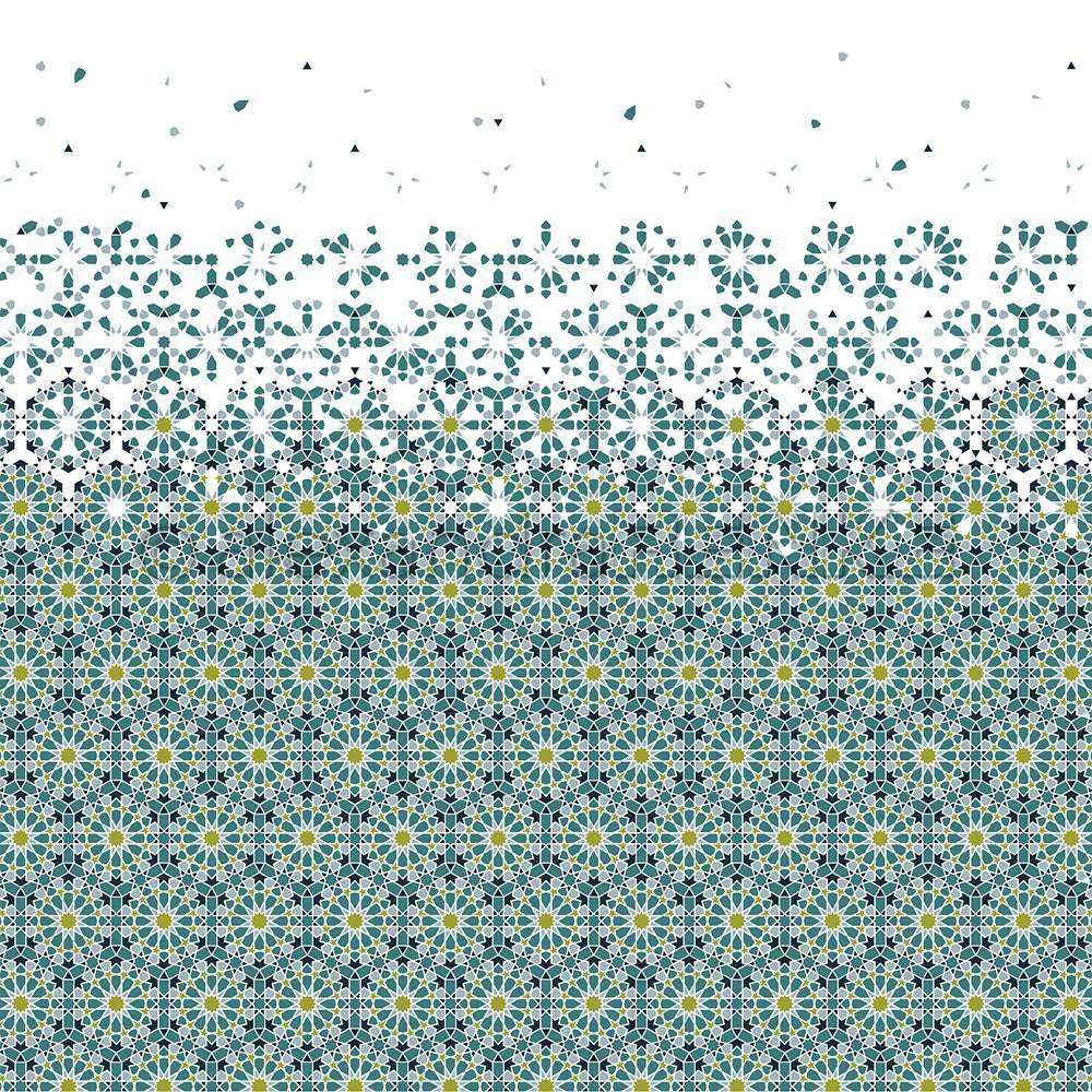 Das filigrane Geometrie-Muster von Alexandra Renke zeigt blaue, gelbe und weiße Formen, die am oberen Rand in verstreute Fragmente übergehen - ideal für einzigartige Papierprojekte oder auffälliges Designpapier.