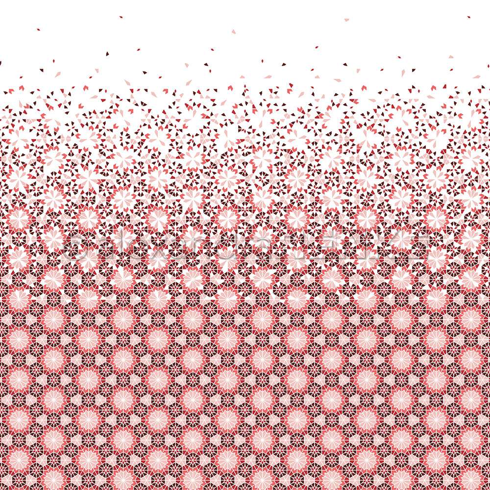 Rote und schwarze geometrische Muster lösen sich in verstreute Fragmente auf weißem Hintergrund auf - ideales Designpapier von Alexandra Renke für einzigartige Papierprojekte.