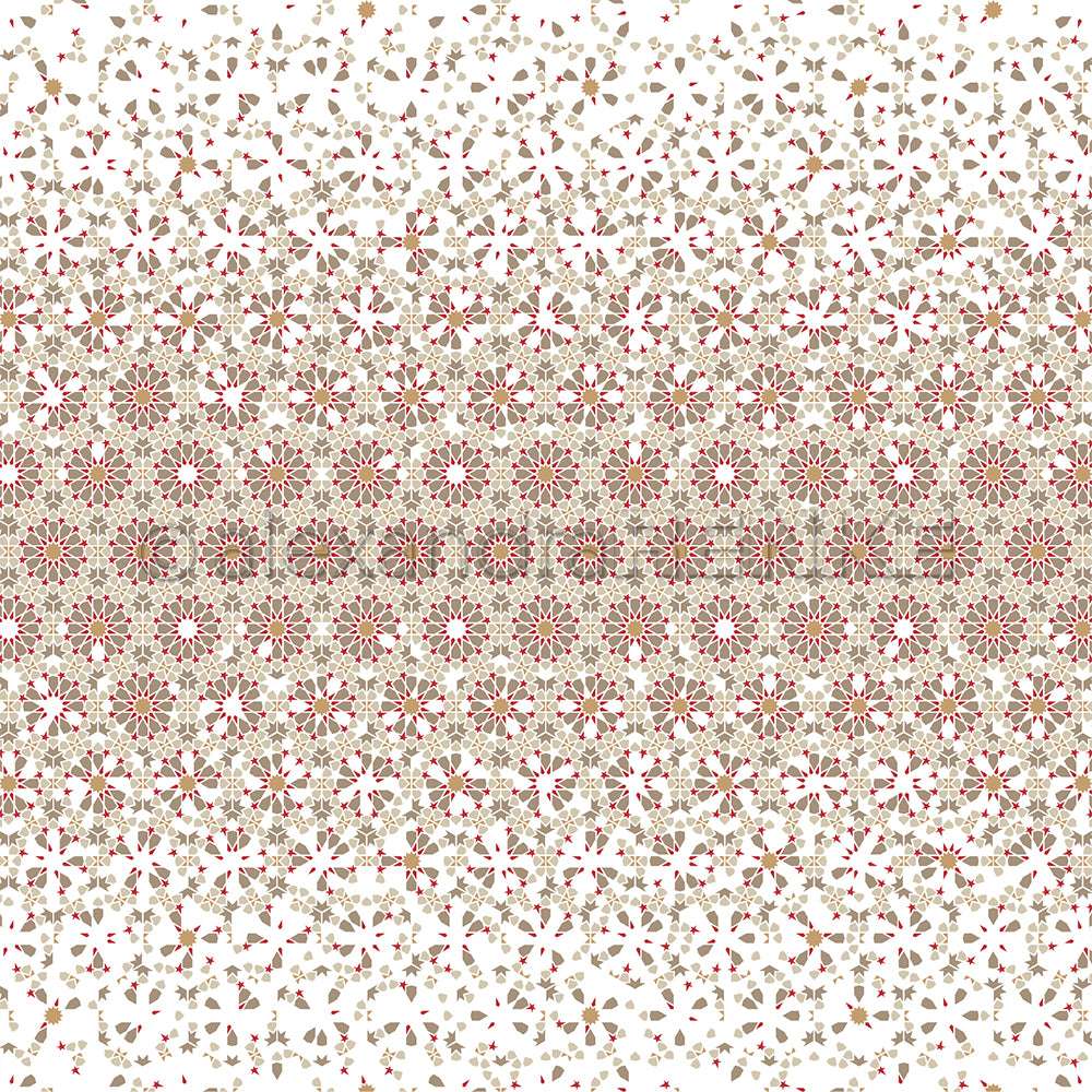 Elegante geometrische Muster mit floralen Motiven in Rot, Gold und Beige auf weißem Hintergrund von Alexandra Renke - ideal für Papierprojekte oder als anspruchsvolles Designpapier.