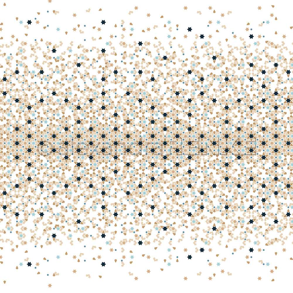 Goldene und marineblaue Sterne und Schneeflocken bilden ein dichtes geometrisches Muster auf weißem Designpapier von Alexandra Renke für Ihre winterlichen Papierprojekte.