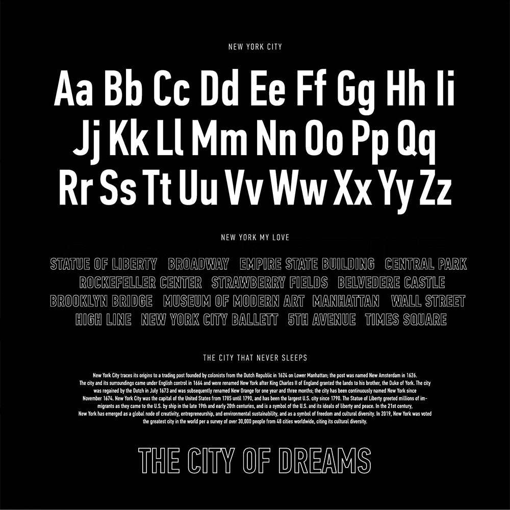 Schwarzer Hintergrund mit weißem Text, der Buchstaben des Alphabets, New Yorker Wahrzeichen und "The City of Dreams" zeigt - ein Design von Alexandra Renke Typografie, das sich ideal für alle Ihre Papierprojekte eignet.