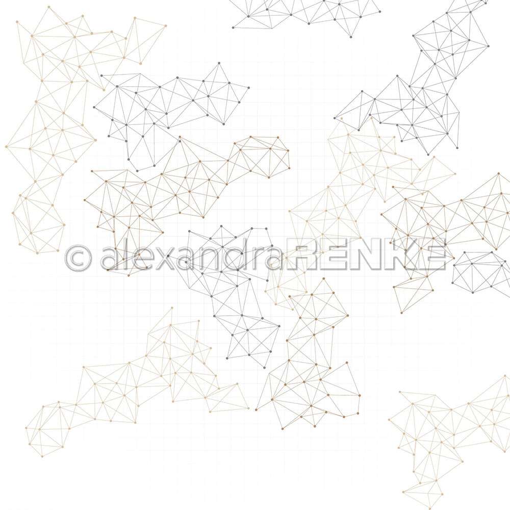 Abstraktes geometrisches Muster mit miteinander verbundenen Linien und Punkten auf einem weißen Gitterhintergrund von Alexandra Renke, ideal für Designpapier oder kreative Papierprojekte wie Grußkarten.