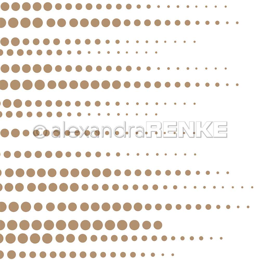 Reihen von braunen Punkten vom Kleinsten zum Größten bilden ein verspieltes Muster auf knackig weißem Hintergrund, ideal für Grußkarten oder Papierprojekte. Entwurf von Alexandra Renke.