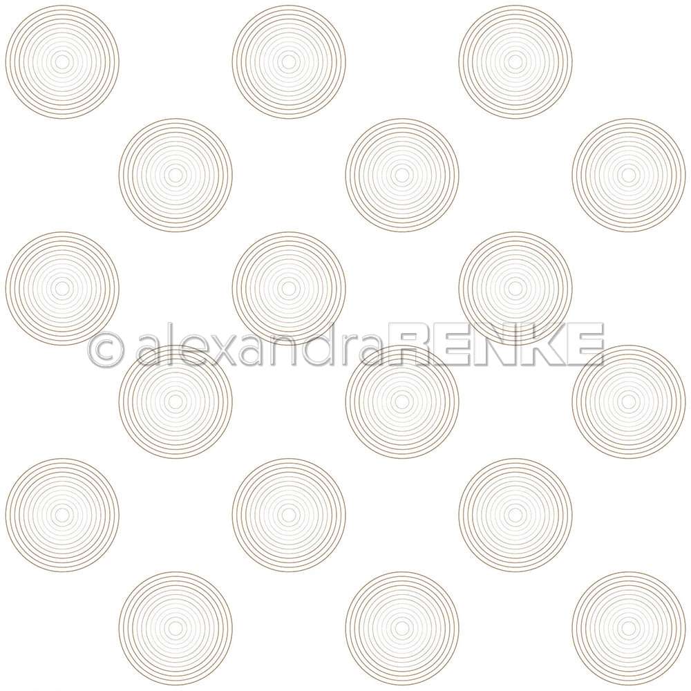 Das Designpapier von Alexandra Renke zeichnet sich durch dünne, gleichmäßig verteilte, konzentrische Kreise auf weißem Grund aus - perfekt für elegante Papierprojekte oder um goldene "Verschachtelte Ringe" zu akzentuieren.