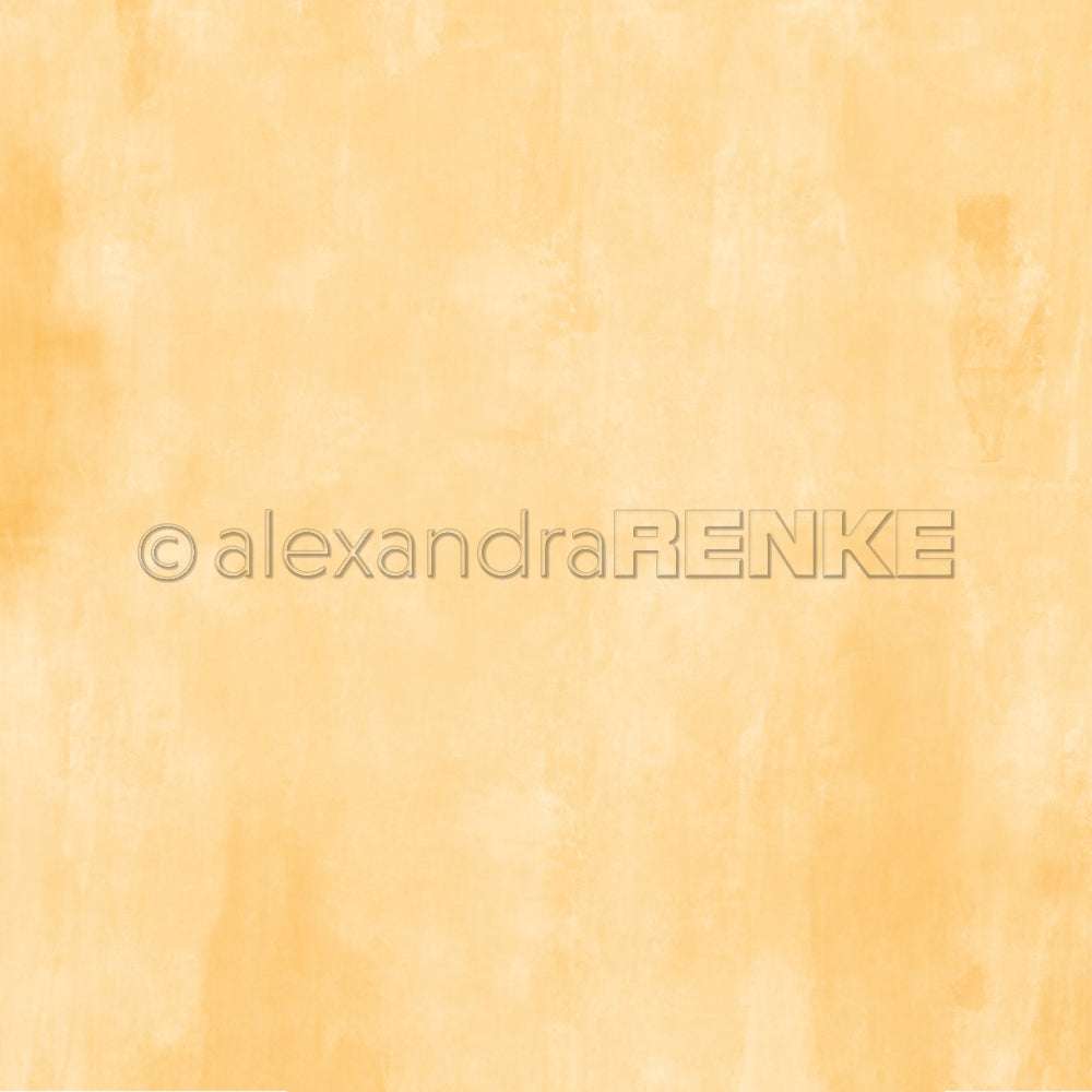 Weicher gelb-orangefarbener, strukturierter Hintergrund mit dezentem Aquarelleffekt, ideal für Bastel- oder Designpapier und mit einem Wasserzeichen von Alexandra Renke versehen.