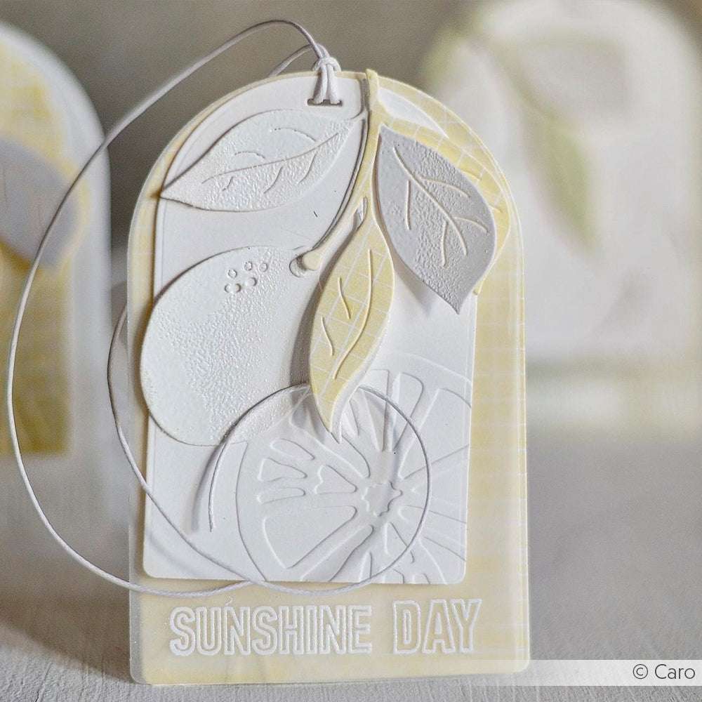 Karte in Form eines Anhängers mit geprägten Zitrusfrüchten und Blättern, beschriftet mit SUNSHINE DAY in Weiß und Pastellgelb von Alexandra Renke. Perfekt für frische Papierprojekte oder einzigartige Buchbinderei-Kreationen.
