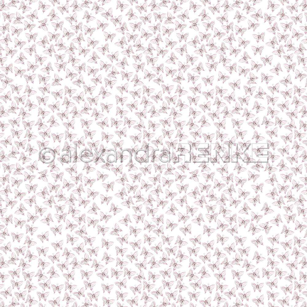 Nahtloses Muster aus zarten, hellrosa Schmetterlingen auf weißem Hintergrund von Alexandra Renke - ideal für Papierprojekte oder als charmantes Designpapier.