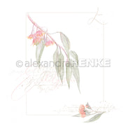 Aquarellillustration von rosa Eukalyptusblüten und grünen Blättern mit handgeschriebener Schrift von Alexandra Renke - perfektes Designpapier für Papierprojekte und Eukalyptus-Love-Themen.