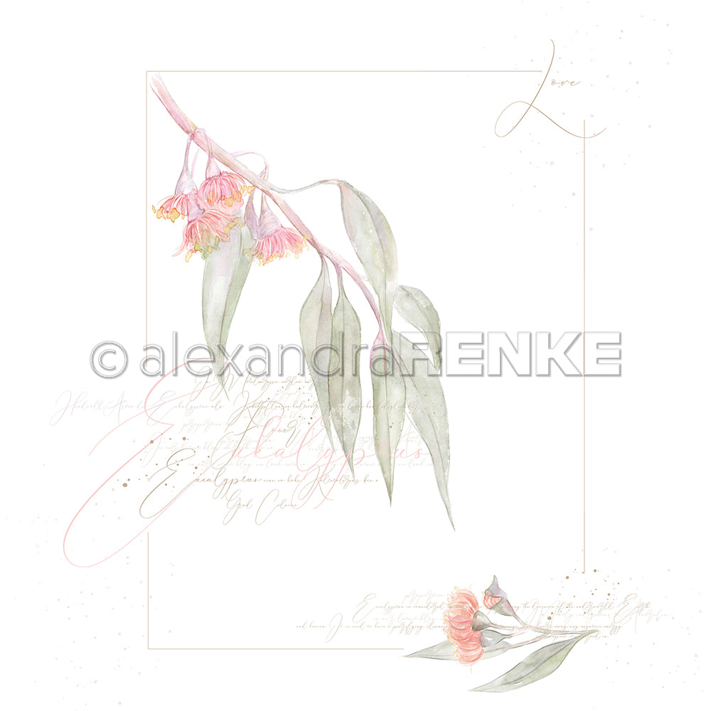 Aquarellillustration von rosa Eukalyptusblüten und grünen Blättern mit handgeschriebener Schrift von Alexandra Renke - perfektes Designpapier für Papierprojekte und Eukalyptus-Love-Themen.