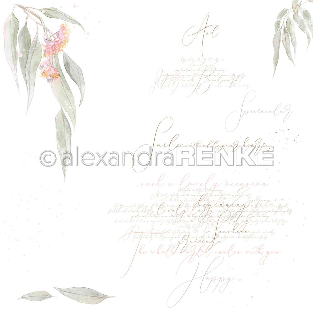 Elegante, aquarellierte Eukalyptusblätter und rosa Blüten in leichter Schreibschrift auf Weiß - perfekt als Alexandra Renke Designpapier für stilvolle Papierprojekte.