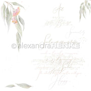 Elegante, aquarellierte Eukalyptusblätter und rosa Blüten in leichter Schreibschrift auf Weiß - perfekt als Alexandra Renke Designpapier für stilvolle Papierprojekte.