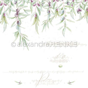 Aquarellierte Olivenzweige mit lila und grünen Oliven hängen von der Spitze über einem weißen Hintergrund mit kursivem Text - das perfekte Alexandra Renke Designpapier für Buchbindereien oder kreative Papierprojekte.