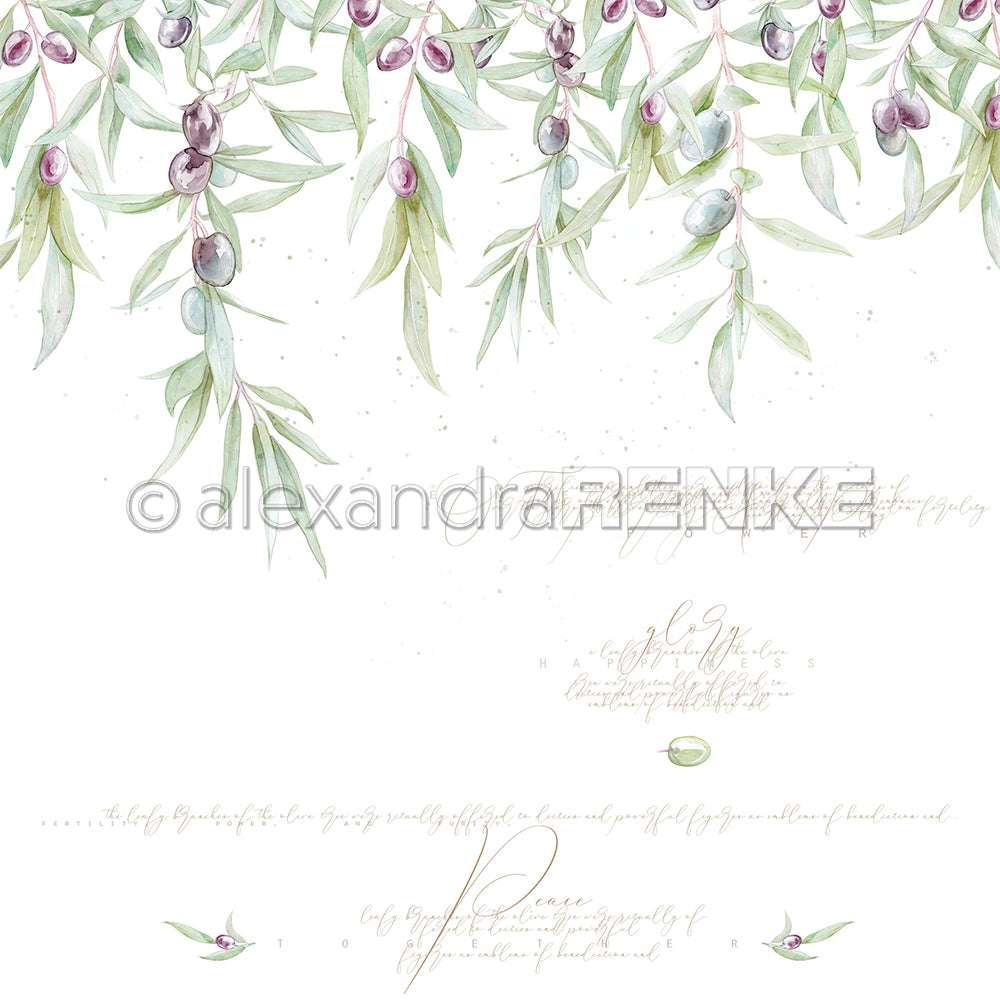 Aquarellierte Olivenzweige mit lila und grünen Oliven hängen von der Spitze über einem weißen Hintergrund mit kursivem Text - das perfekte Alexandra Renke Designpapier für Buchbindereien oder kreative Papierprojekte.