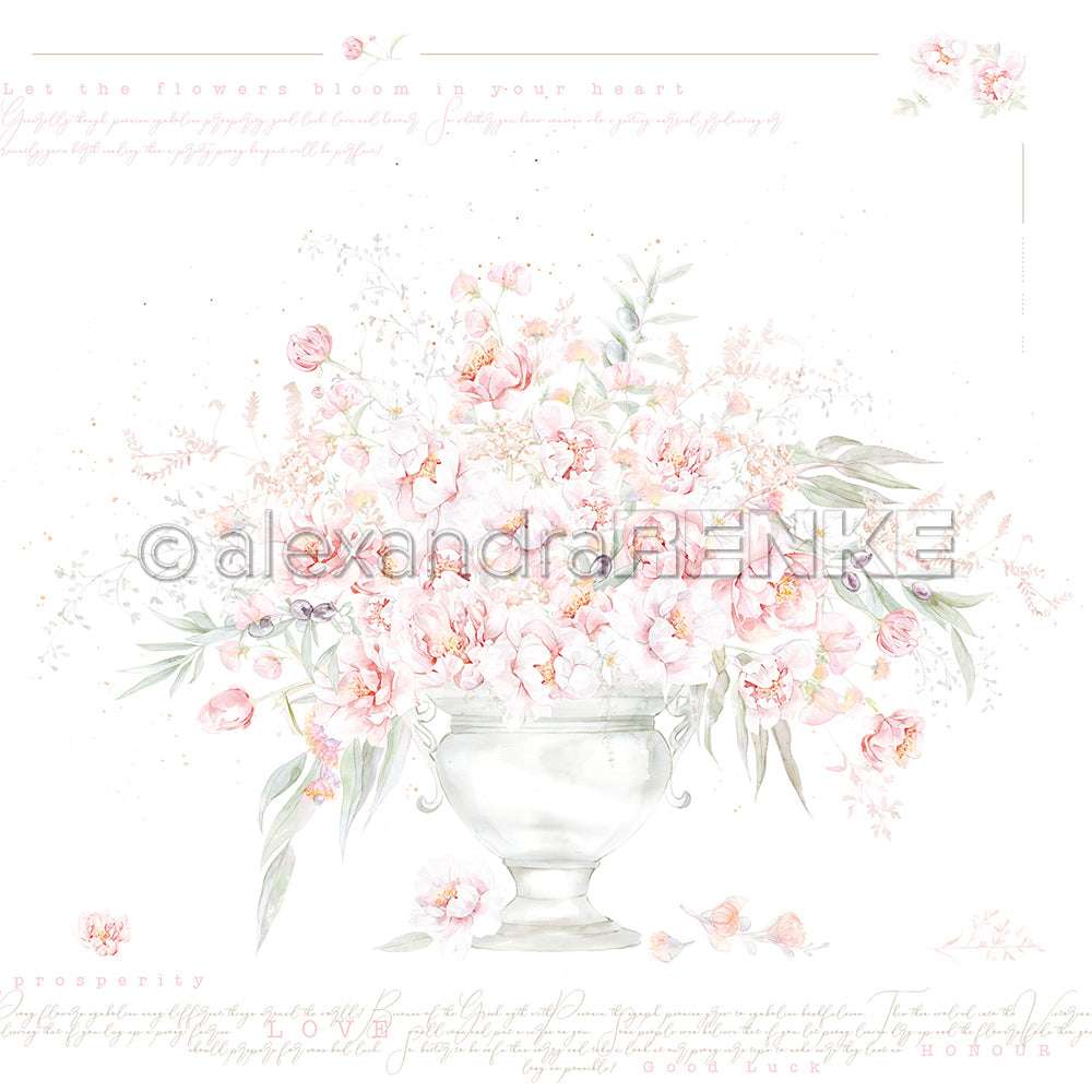 Elegante Aquarellvase mit Pfingstrosen von Alexandra Renke, mit zartrosa Blüten und grünen Blättern auf weißem Grund - ein ideales Designpapier für Papierprojekte. Der zartrosa Schriftzug sorgt für den letzten Schliff.