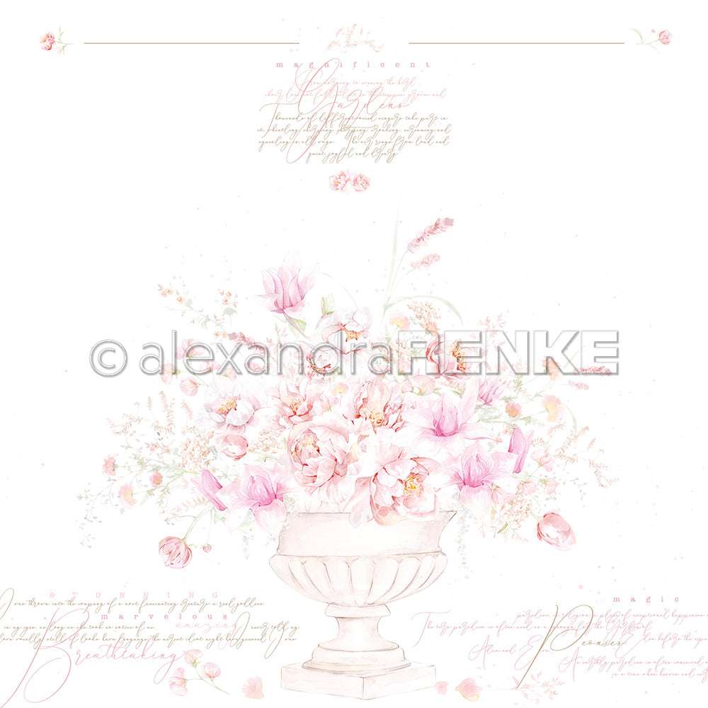 Eine pastellfarbene Blumenvase mit rosafarbenen Blüten und dezenter Kursivschrift, ideal für Grußkarten oder Papierbasteleien mit Alexandra Renke Designpapier Pfingstrosen.