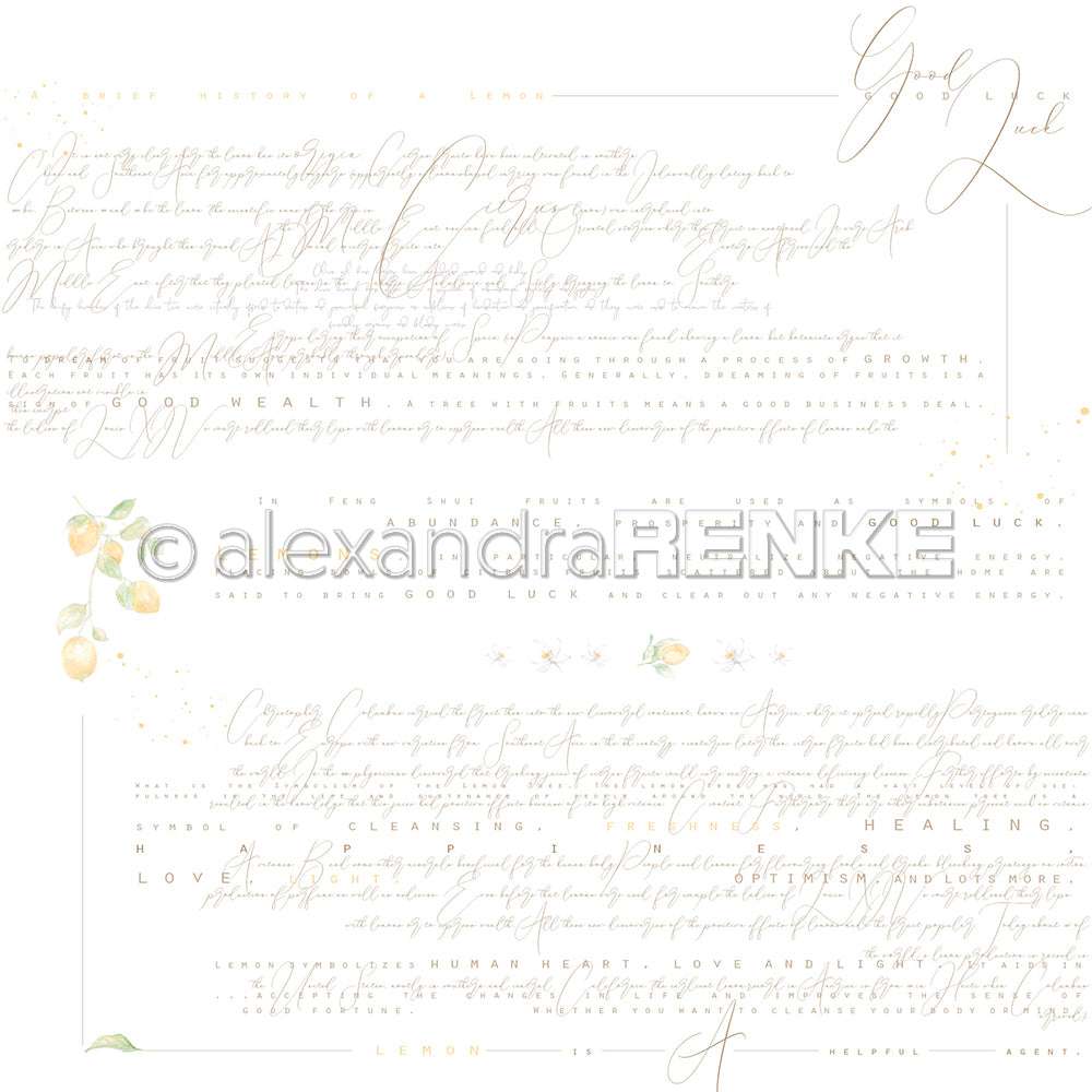 Weißer Hintergrund mit handgeschriebenem Text, Zitronen-Illustrationen und Alexandra Renke-Wasserzeichen - ideales Designpapier für Papierbastel- oder Buchbindeprojekte.