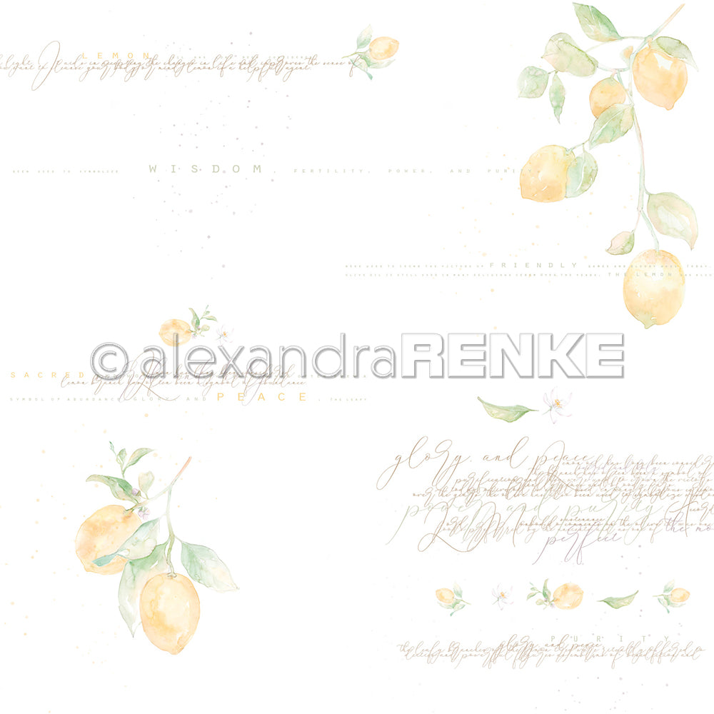 Aquarellierte Zitronen und Zweige mit handgeschriebenem Text und floralen Akzenten auf weißem Alexandra Renke Designpapier, ideal für Papierprojekte oder kreative Buchbinderei.