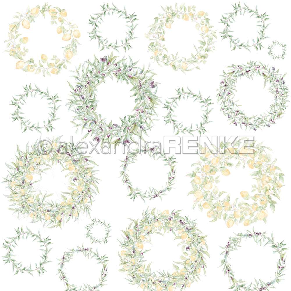Wasserfarben Zitronen- & Olivenkränze von Alexandra Renke in verschiedenen Größen und Stilen auf weißem Hintergrund - ideal als Designpapier für kreative Papierprojekte.