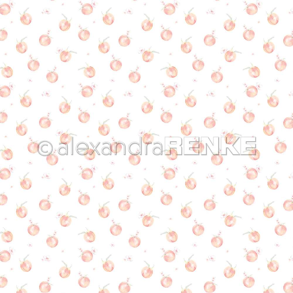 Gleichmäßig verteilte Aquarellpfirsiche bilden ein charmantes Pfirsichmuster auf strahlend weißem Alexandra Renke Designpapier - ideal für Ihre Papierprojekte.