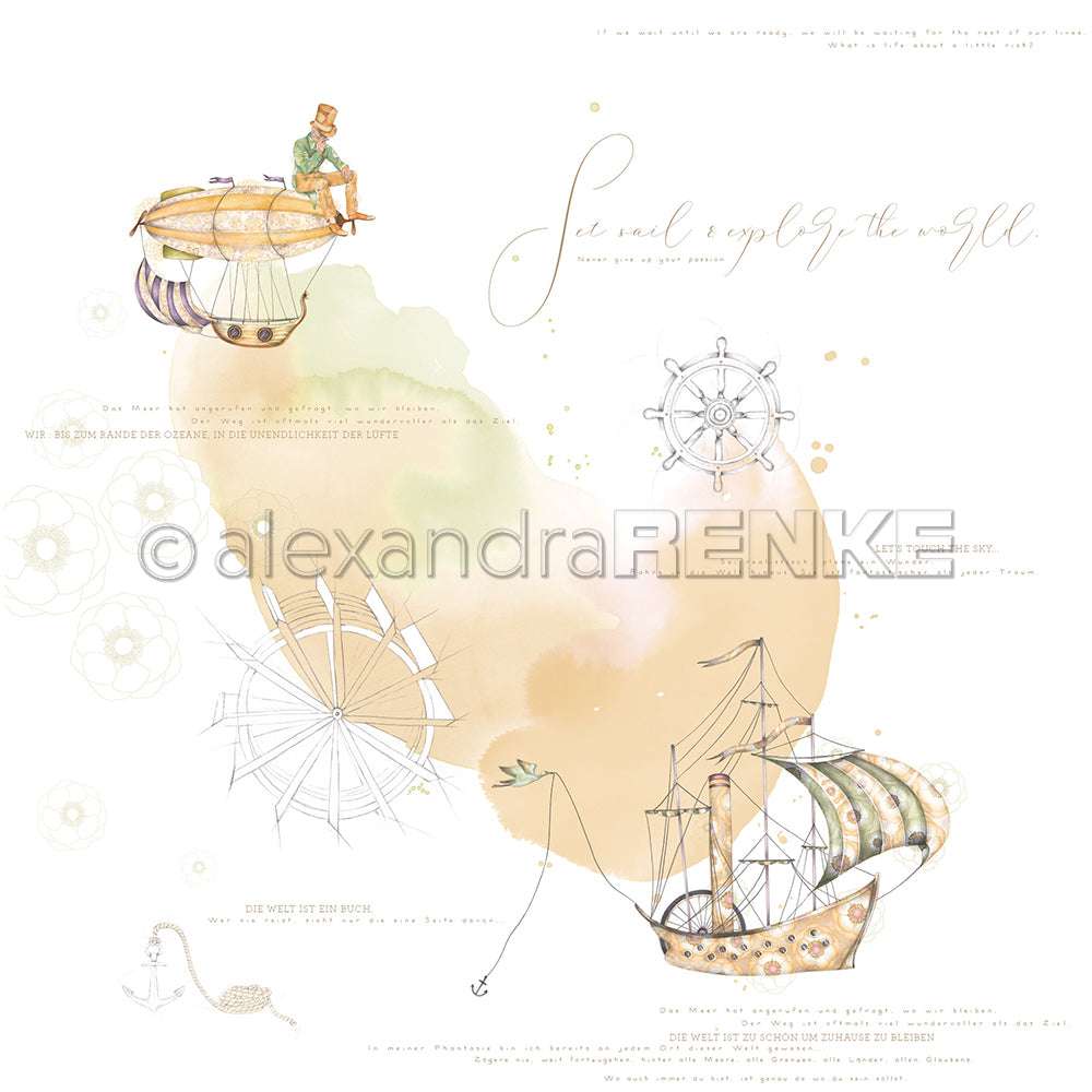 Skurrile Schiffe und nautische Elemente schweben auf einem pastellfarbenen Hintergrund mit handgeschriebenem Text - perfektes Designpapier von Alexandra Renke für Papierprojekte oder handgefertigte Grußkarten.