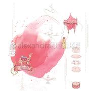 Skurrile rosafarbene Zirkusszene mit Zelt, Kutsche, Artisten und Dekoration auf Aquarell-Hintergrund - eine ideale Inspiration zum Basteln oder für Papierprojekte mit Alexandra Renke Designpapier.