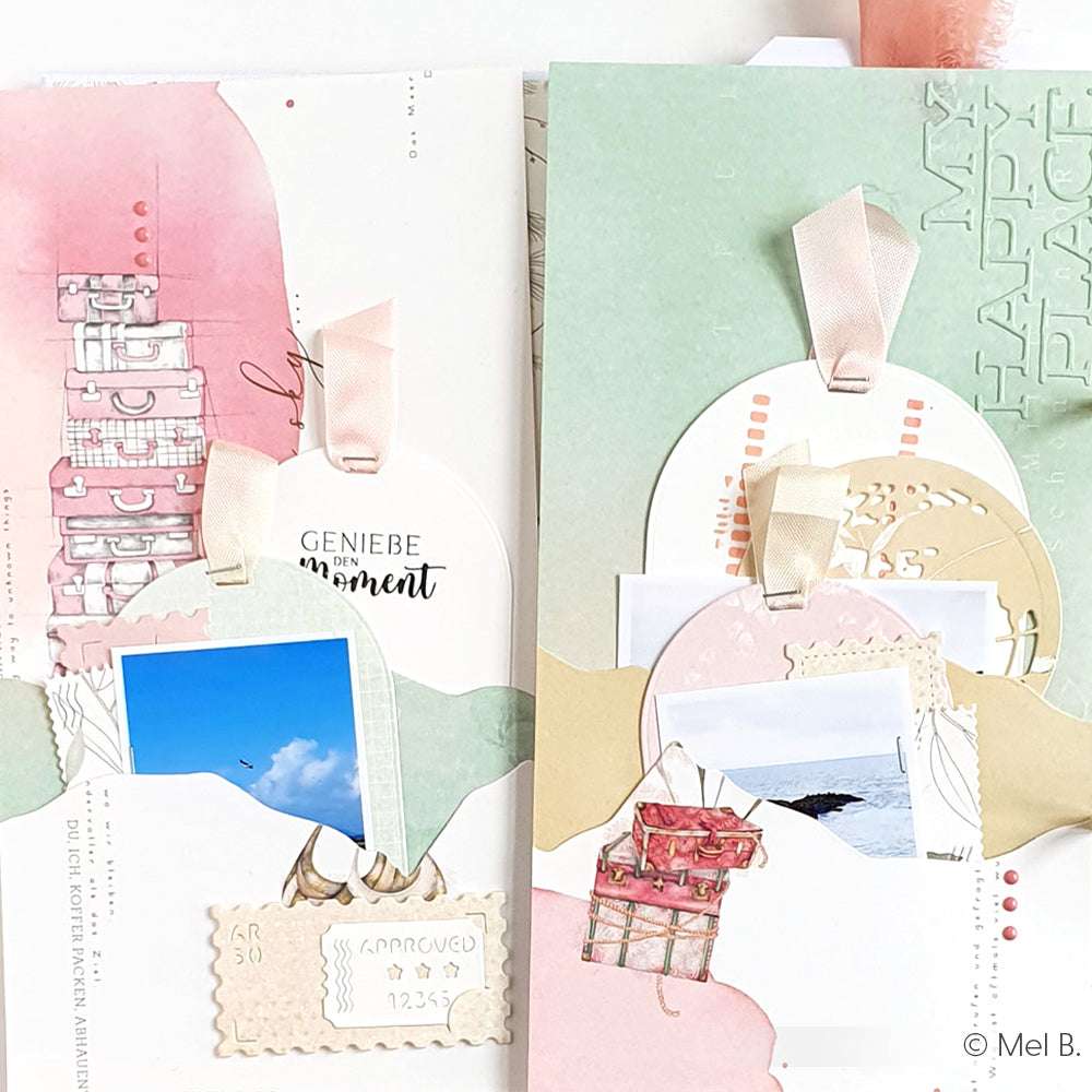 Zwei pastellfarbene Scrapbook-Seiten von Alexandra Renke zeigen Fotos, Anhänger und Designpapier-Akzente in einem kreativen Layout - die perfekte Inspiration für Ihre nächsten Papierprojekte.