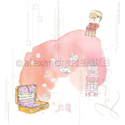 Aquarellillustration von Alexandra Renke mit Koffer, Luftballons, Uhren und Teetassen auf rosa Hintergrund - ideal für Grußkarten oder Papierprojekte mit kreativem Designpapier.