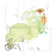 Aquarellierte Rikscha, Laternen und eine Frau im Kimono mit Regenschirm auf grünem Spritzwasser-Hintergrund - perfekt für Grußkarten oder einzigartiges Designpapier von Alexandra Renke.