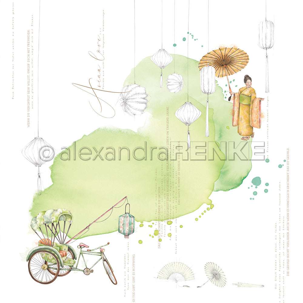Aquarellierte Rikscha, Laternen und eine Frau im Kimono mit Regenschirm auf grünem Spritzwasser-Hintergrund - perfekt für Grußkarten oder einzigartiges Designpapier von Alexandra Renke.