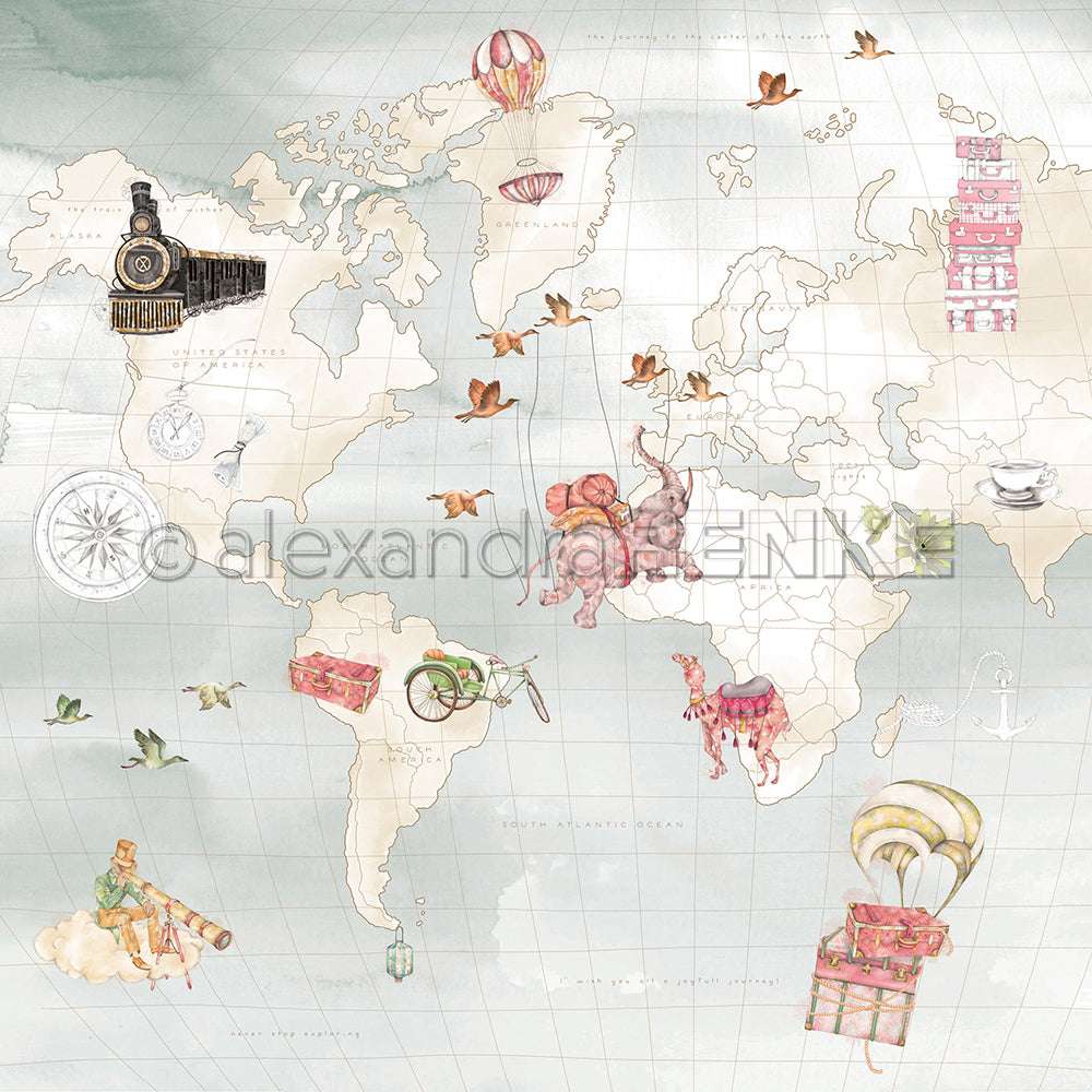 Die illustrierte Weltkarte von Alexandra Renke zeigt klassische Reisemotive - Züge, Heißluftballons, Tiere und Koffer - und eignet sich ideal für Papierprojekte oder einzigartige Grußkarten mit diesem charmanten Designpapier.