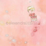 Aquarell-Heißluftballon mit Koffer auf rosa pastellfarbenem Hintergrund, verziert mit weißen und roten Blumen - perfekt für Designpapier oder Grußkarten von Alexandra Renke.