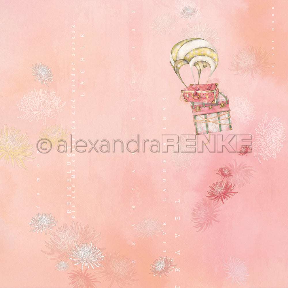 Aquarell-Heißluftballon mit Koffer auf rosa pastellfarbenem Hintergrund, verziert mit weißen und roten Blumen - perfekt für Designpapier oder Grußkarten von Alexandra Renke.