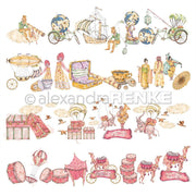 Skurrile Aquarellillustrationen von Alexandra Renke mit Reisenden, Gepäck, Heißluftballons und Tieren in einer fantastischen Parade - ideal für Grußkarten oder Papierprojekte.