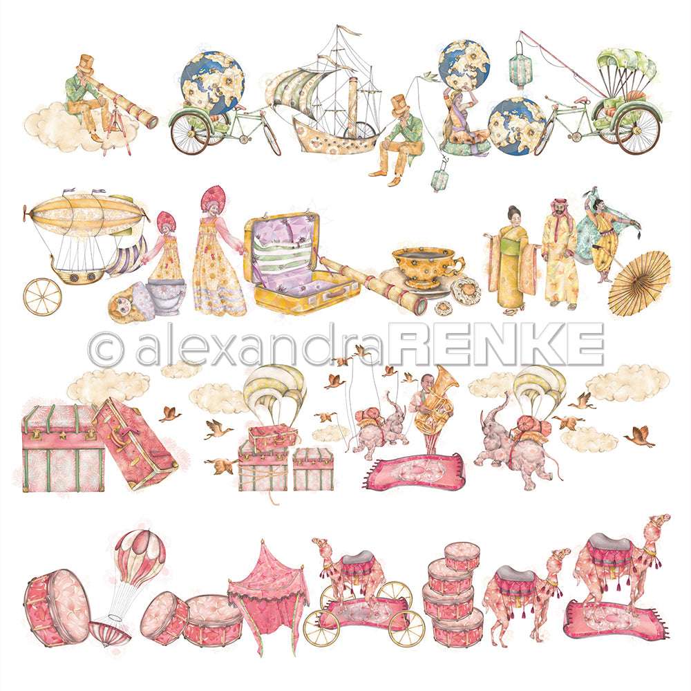 Skurrile Aquarellillustrationen von Alexandra Renke mit Reisenden, Gepäck, Heißluftballons und Tieren in einer fantastischen Parade - ideal für Grußkarten oder Papierprojekte.