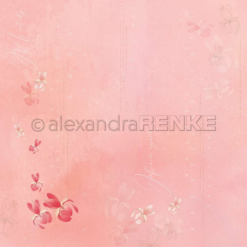 Zartrosa Hintergrund mit zarten Blumen und kursiver weißer Schrift, dazu Alexandra Renke Wasserzeichen - ideales Designpapier für florale Projekte in Pastellrosa.