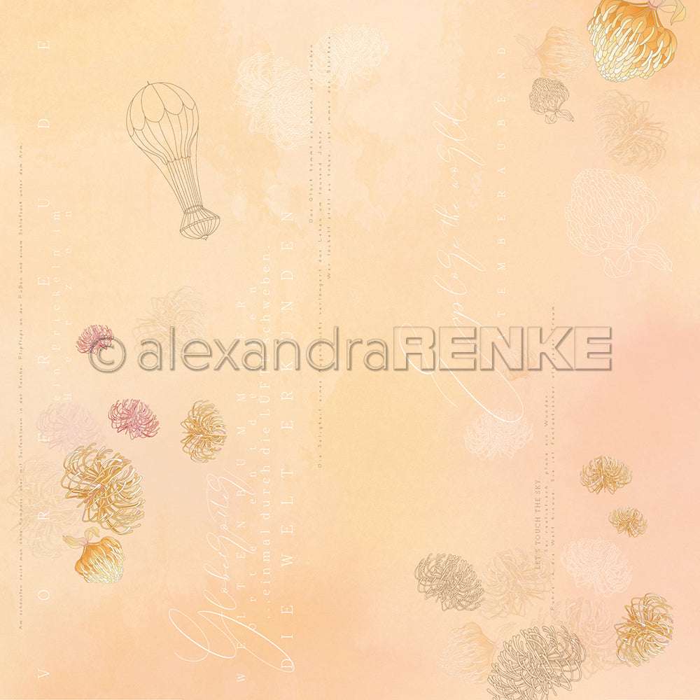 Pfirsichfarbener Hintergrund mit gezeichneten Blumen, einem Heißluftballon und kursiver Schrift - ideales Designpapier für Papierprojekte im Stil der Floralen Typo Ballon Apricot von Alexandra Renke.