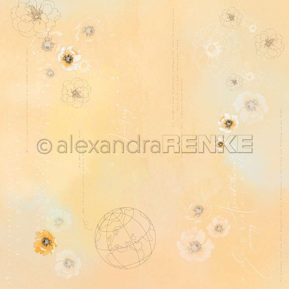 Sanfter pfirsichfarbener Hintergrund mit zarten weißen und gelben Blumen, handgeschriebener Schrift und einer dezenten Weltkugel-Illustration - perfektes Designpapier von Alexandra Renke für Buchbinderei oder kreative Papierprojekte.