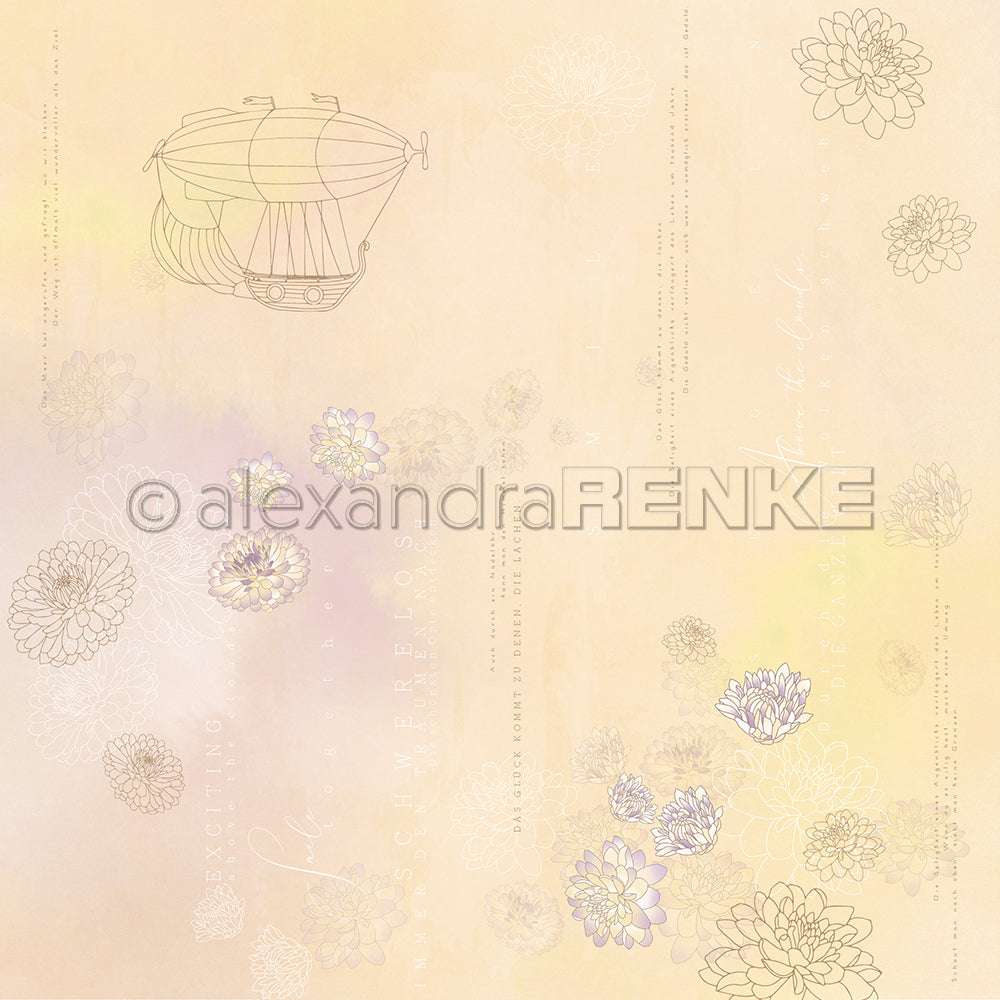 Heller pastellfarbener Hintergrund mit Blumenumrissen, einem alten Luftschiff und weichen Textelementen - perfekt für Grußkarten oder Designpapier für Ihre Papierprojekte von Alexandra Renke.