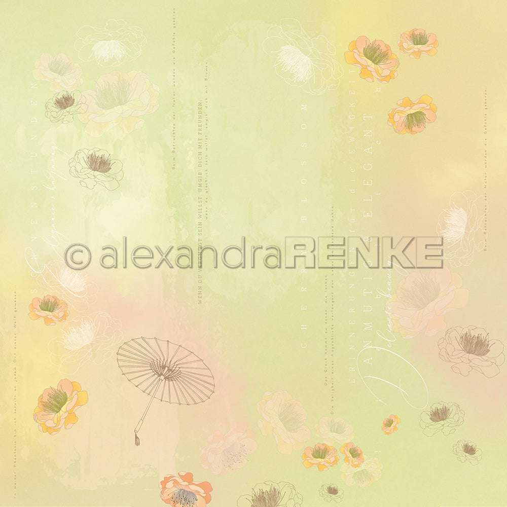 Pastellfarbener Hintergrund mit verstreuten Blumen, handgeschriebenem Text und einer Sonnenschirm-Linienzeichnung - perfektes Designpapier für Karten oder kreative Projekte von Alexandra Renke.