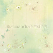 Blasser pastellfarbener Hintergrund mit zarten Blumen, grünen Blättern, einer alten Kutsche und handgeschriebener Schrift - dieses Alexandra Renke Designpapier ist perfekt für Buchbinderei oder einzigartige Papierprojekte.