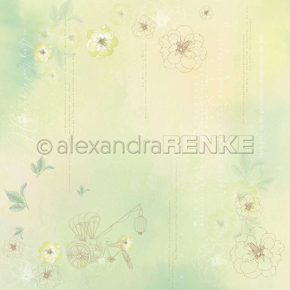 Blasser pastellfarbener Hintergrund mit zarten Blumen, grünen Blättern, einer alten Kutsche und handgeschriebener Schrift - dieses Alexandra Renke Designpapier ist perfekt für Buchbinderei oder einzigartige Papierprojekte.