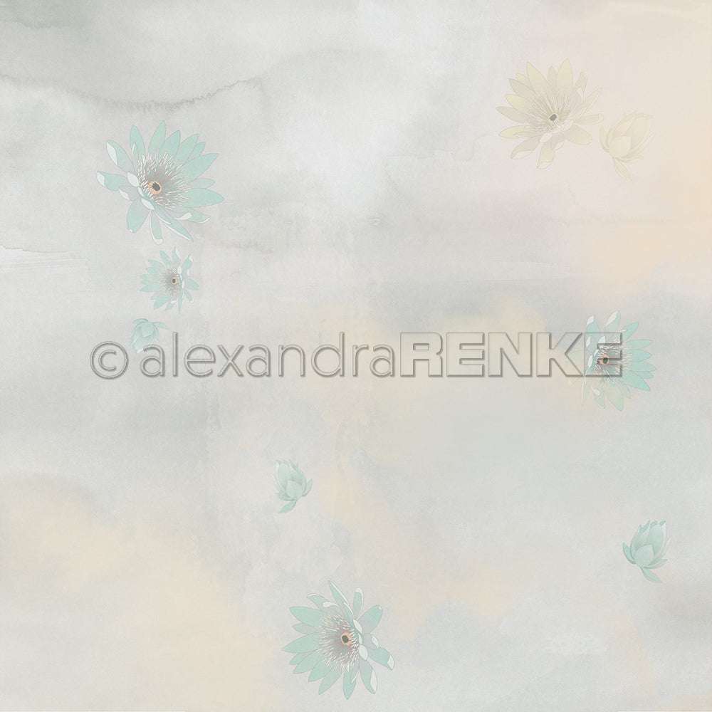 Zart pastellfarbener Aquarellhintergrund mit verstreuten hellblauen und gelben Blumen, mit einem schwachen Wasserzeichen - perfekt für Papierprojekte oder als Designpapier für handgefertigte Grußkarten von Alexandra Renke.