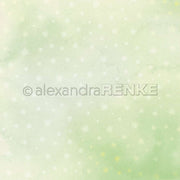 Zartgrüner Aquarellhintergrund mit dezenten weißen Pusteblumenmustern und einem Alexandra Renke-Wasserzeichen - ideal für Grußkarten und Papierprojekte.