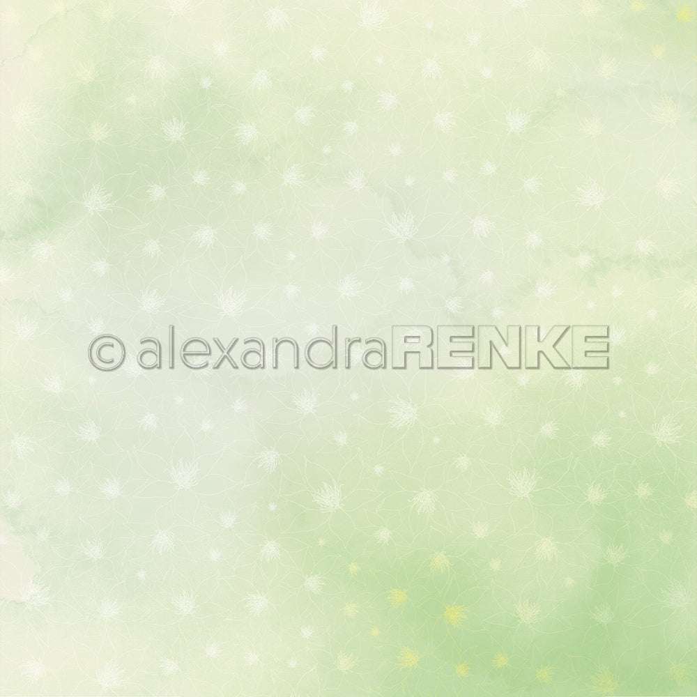 Zartgrüner Aquarellhintergrund mit dezenten weißen Pusteblumenmustern und einem Alexandra Renke-Wasserzeichen - ideal für Grußkarten und Papierprojekte.
