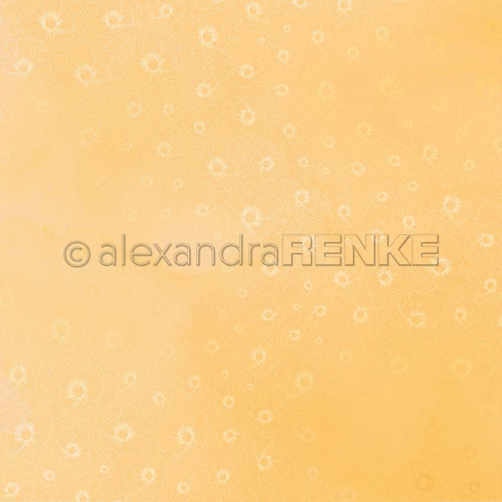 Blassgelber Hintergrund mit dezenten weißen Blumenmustern, ideal für Papierprojekte. Enthält ein alexandraRENKE Wasserzeichen und gehört zu der eleganten Floral Sonnengelb Design Papier Kollektion von Alexandra Renke.